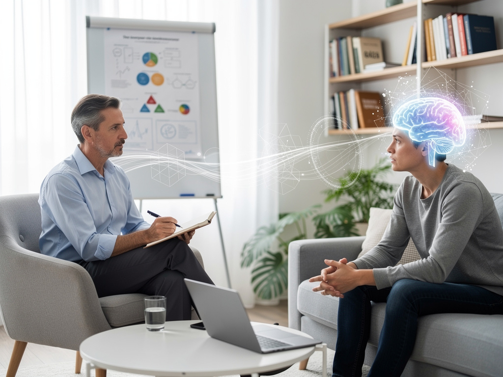 Psicólogo en consulta escuchando a paciente con cerebro digital, concepto de salud mental y neurociencia