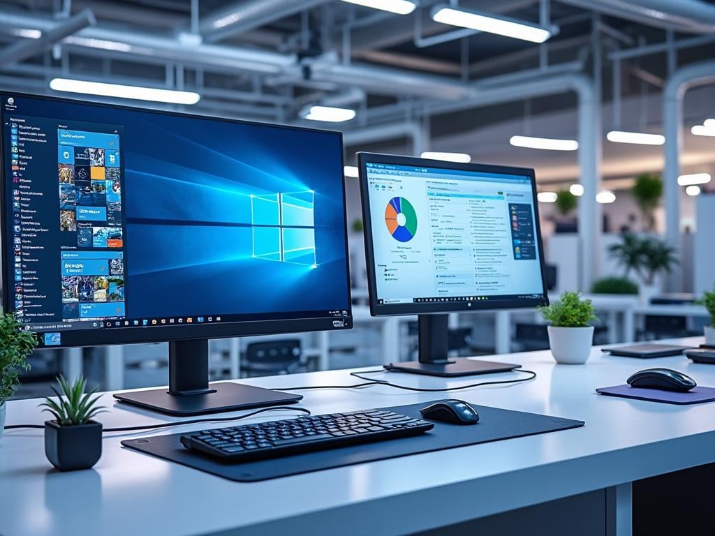 Oficina moderna con dos monitores, uno mostrando el escritorio de Windows y otro un gráfico circular; teclado, ratón y plantas decorativas sobre escritorio blanco. Oficina moderna con dos monitores, uno mostrando el escritorio de Windows y otro un gráfico circular; teclado, ratón y plantas decorativas sobre escritorio blanco.