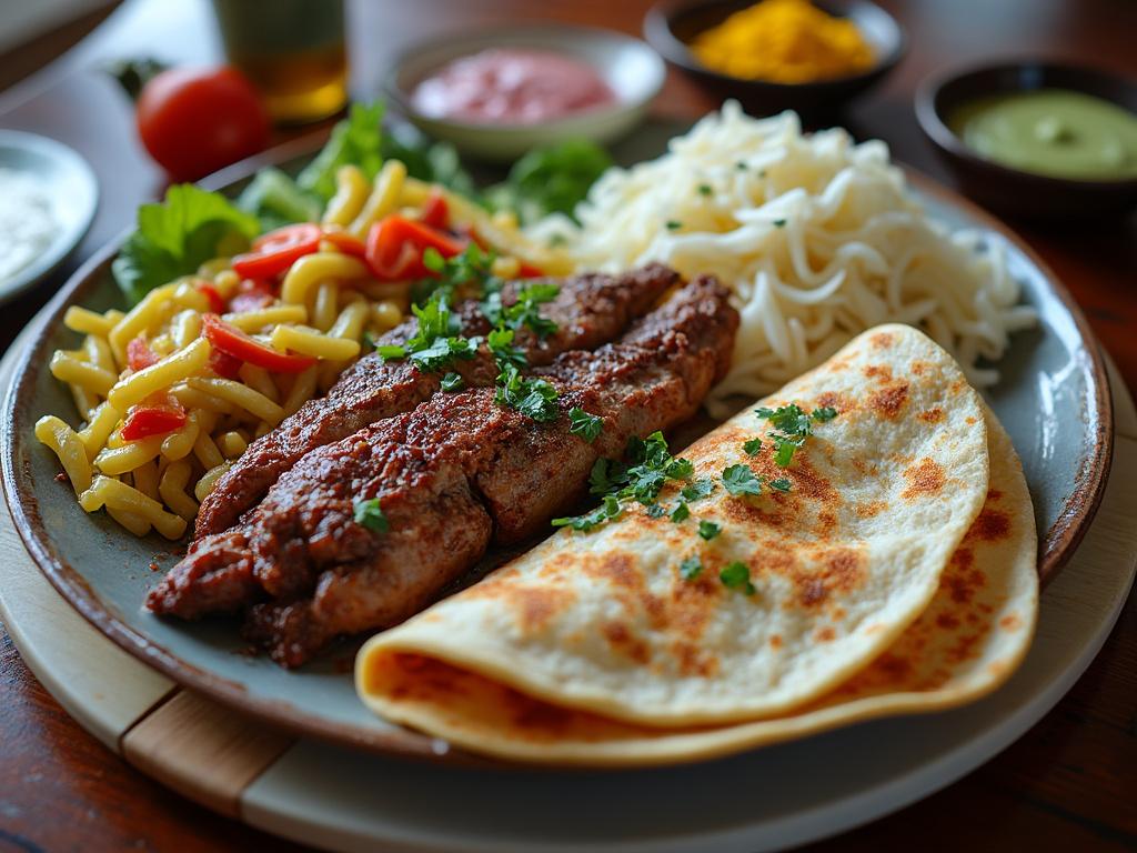 Plato de pasta con guiso de carne, salsa y pan plano adornado con perejil.