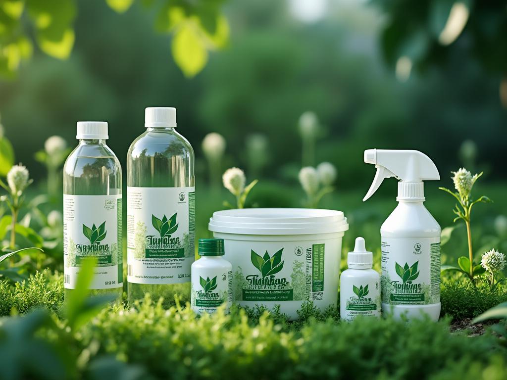 Productos naturales de jardinería en envases de diferentes tamaños, rodeados de vegetación verde.