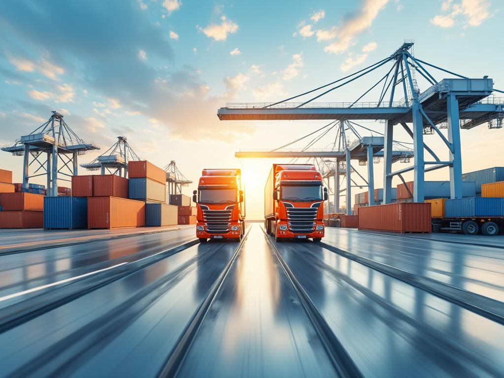 Camiones rojos en terminal de contenedores al amanecer, grúas portuarias y contenedores apilados.