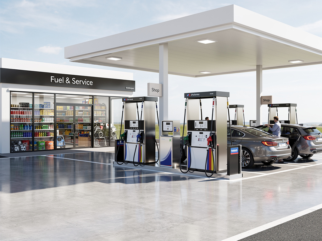 Estación de servicio moderna con surtidores de combustible, tienda y coches repostando bajo marquesina