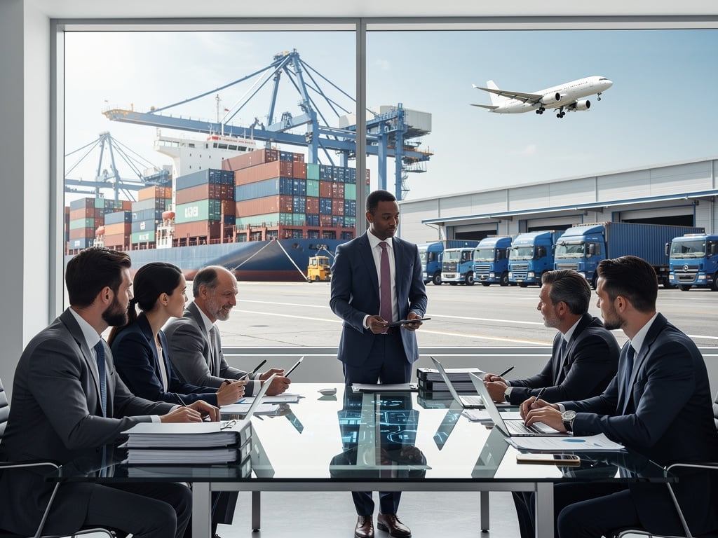 Reunión de negocios sobre logística internacional con ejecutivos, puerto de carga, contenedores, camiones y avión de transporte