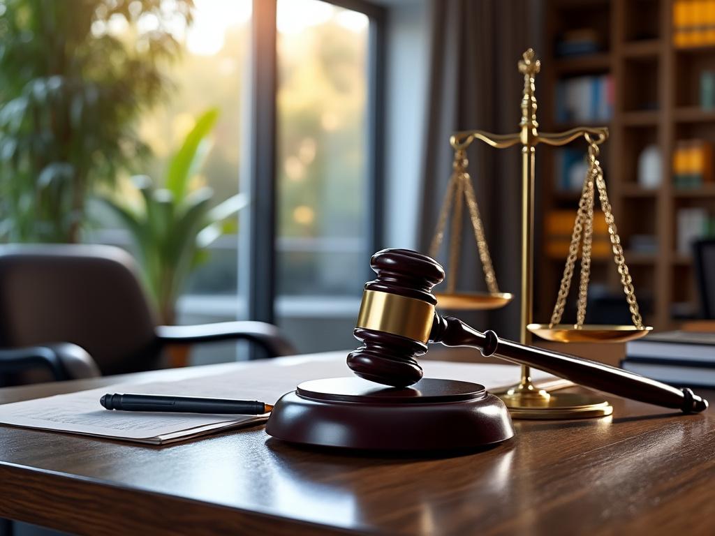 Mesa de madera en despacho legal con mazo de juez y balanza de justicia al fondo.