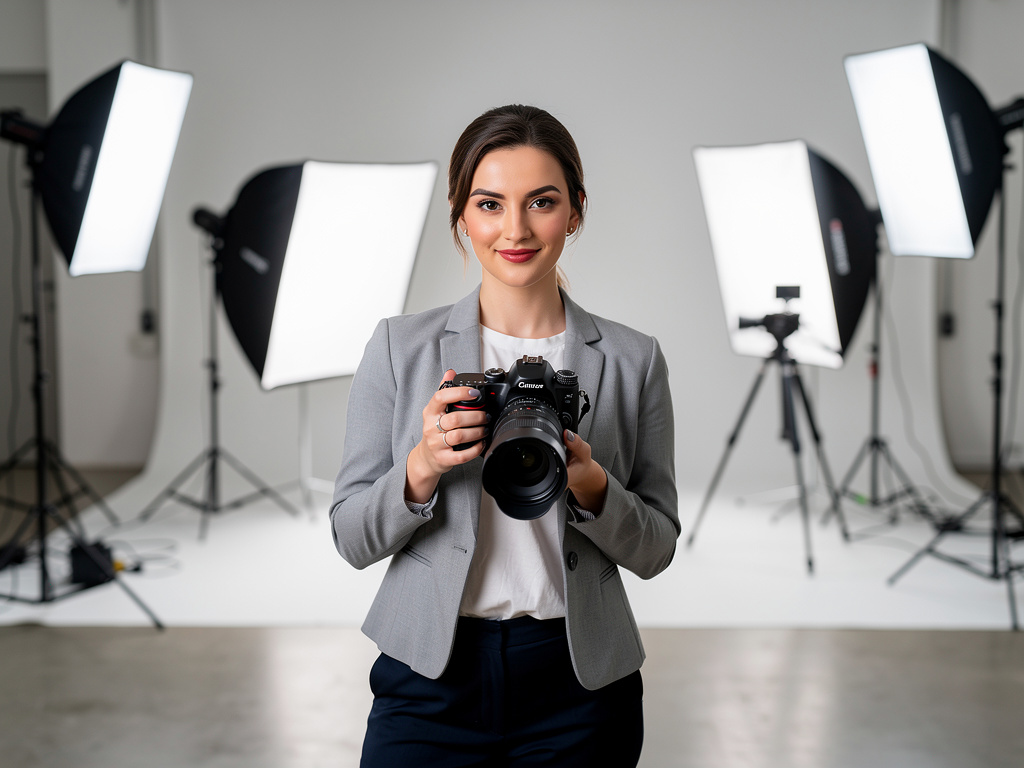 Professional female photographer holding a DSLR camera in a studio with softbox lighting equipment