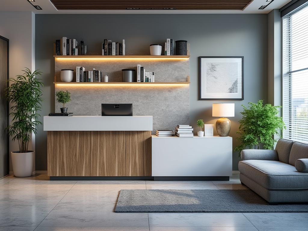 Modern reception area with wooden desk, shelves with books, indoor plants, and a gray sofa near a large window.