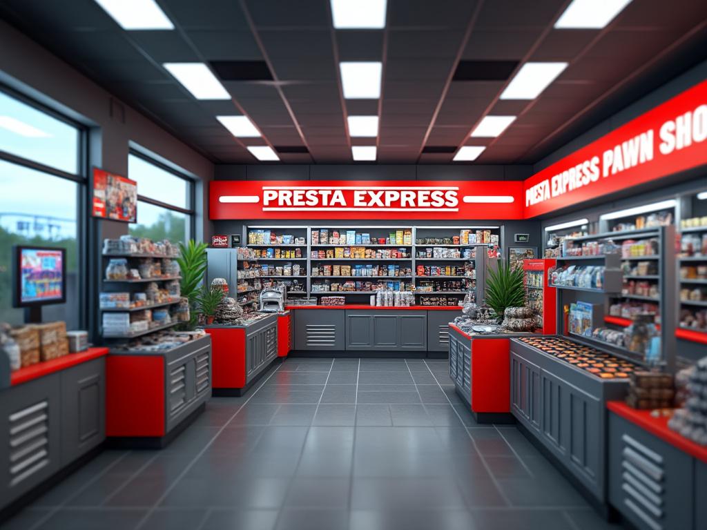 Interior de una tienda de conveniencia moderna con estantes llenos de productos, letrero rojo de 'Presta Express' iluminado y plantas decorativas.