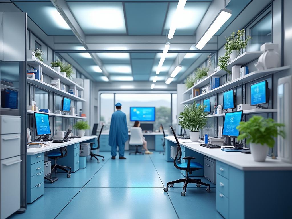 Moderno laboratorio científico con escritorios, computadoras, plantas y personal trabajando.