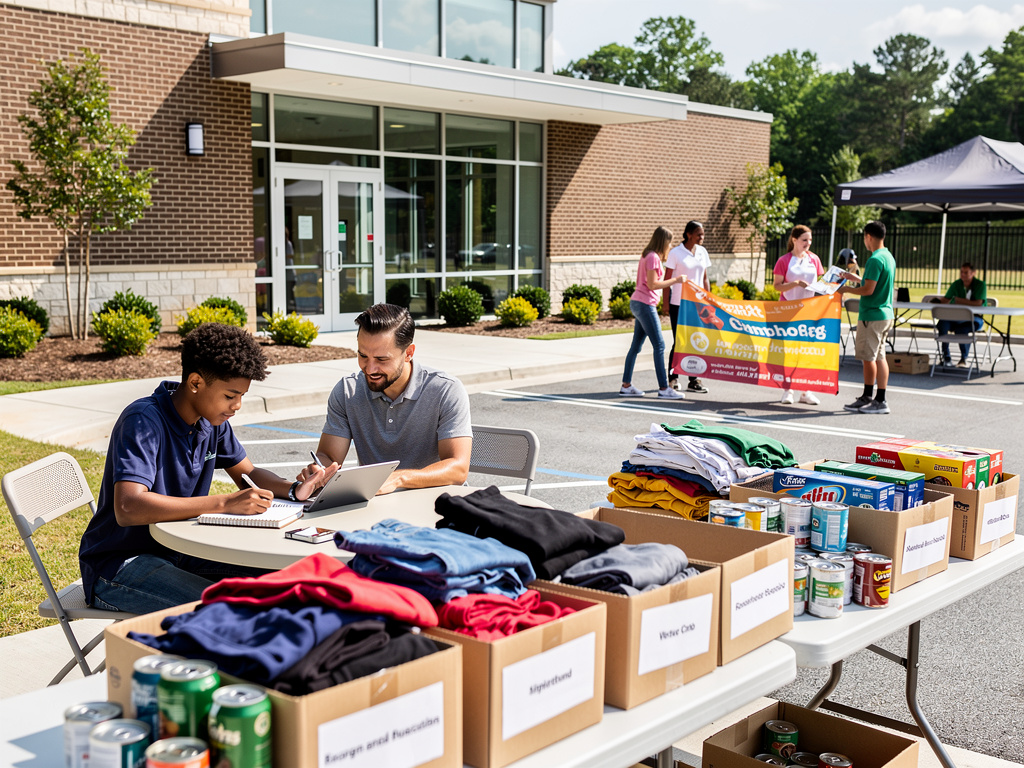 Community donation drive outside brick building with volunteers, clothing, canned food, and school supplies