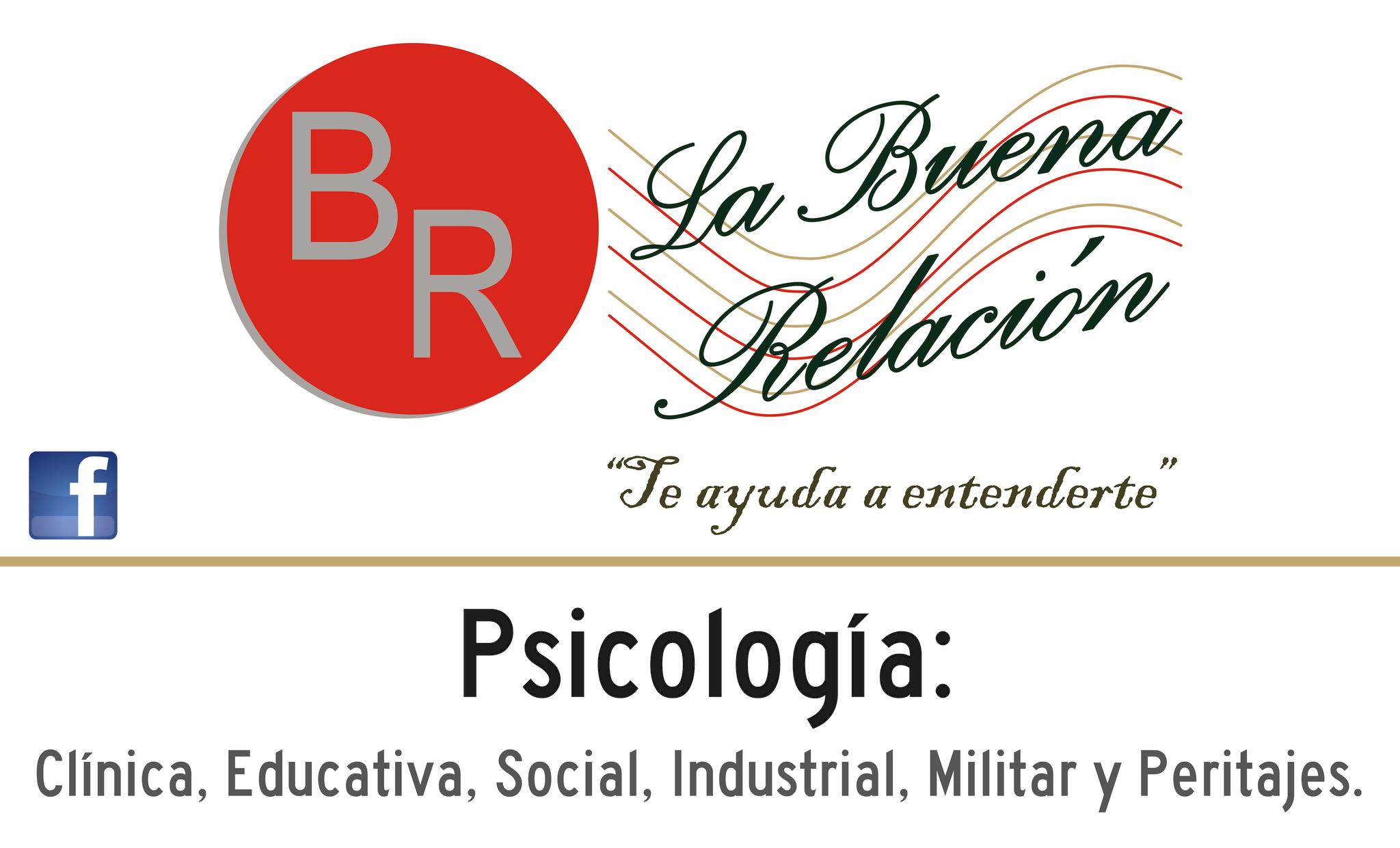 Logo de La Buena Relación con texto sobre servicios de psicología clínica, educativa, social, industrial, militar y peritajes.