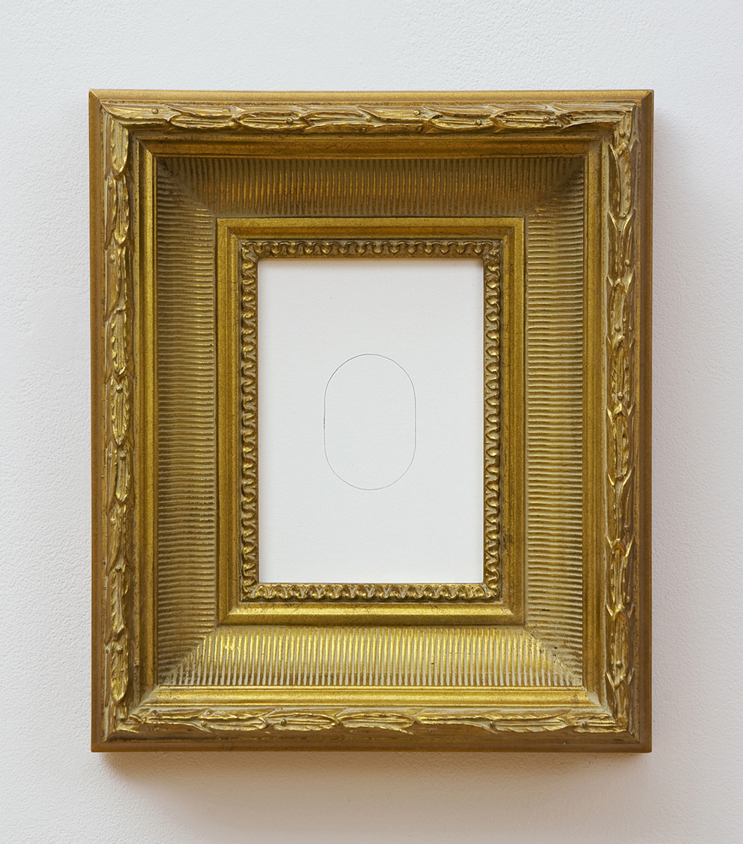 A minimalist pencil line oval on a white background in an ornate gold frame.