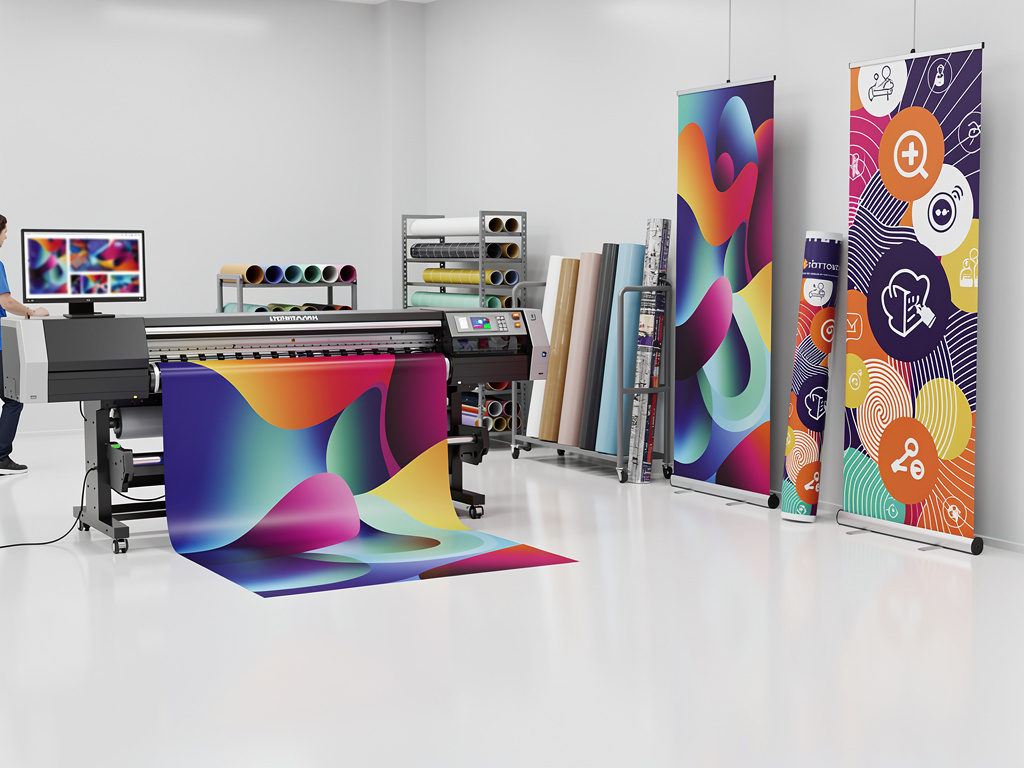Impresora de gran formato imprimiendo gráficos coloridos con rollos de vinilo y banners publicitarios en taller de impresión