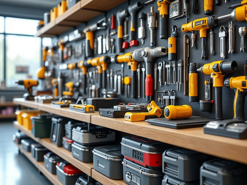 Estantería de herramientas eléctricas y manuales en un taller bien organizado, con taladros, destornilladores y cajas de almacenamiento.