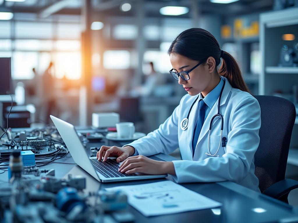 Doctora trabajando en un portátil en laboratorio moderno con equipo técnico, mirando la pantalla.