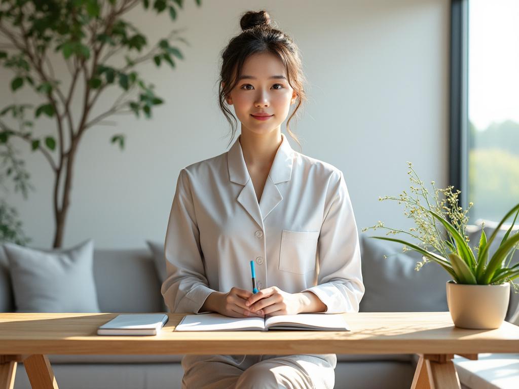 Mujer sentada en una mesa con libreta y lápiz en una sala con plantas.