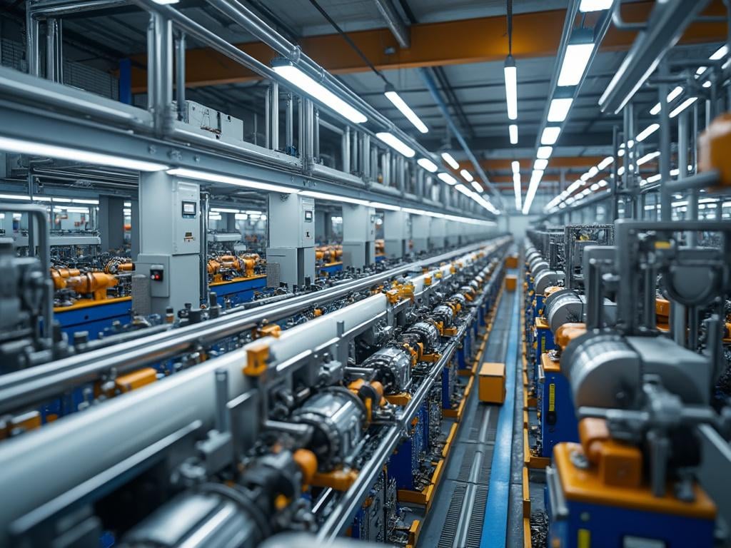 Línea de producción automatizada en una fábrica moderna, con maquinaria industrial y sistema de iluminación eficiente.
