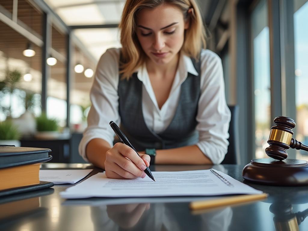 Mujer escribiendo documentos legales en una oficina moderna, con un mazo judicial al lado.