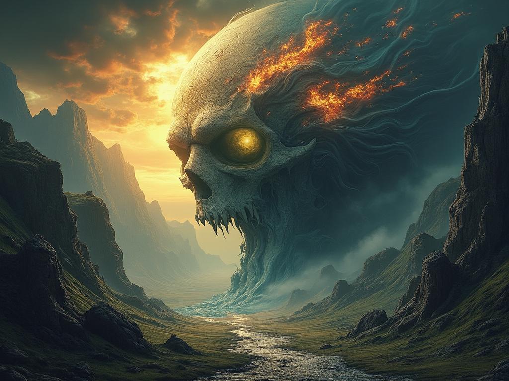 Fantasy landscape with a colossal fiery skull emerging from the mountains, glowing eyes, and a river winding through the valley at sunset.