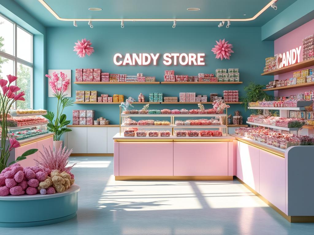 Tienda de dulces con decoración colorida y estantes llenos de golosinas bajo un letrero de neón.