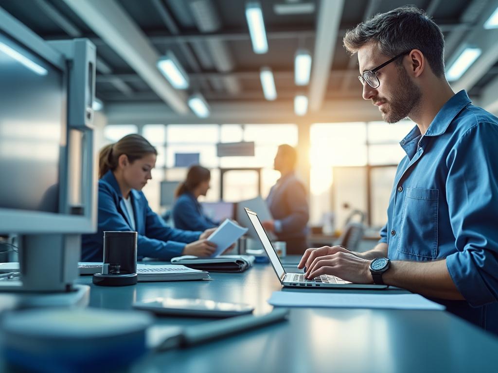 Personas trabajando en un entorno de oficina moderno con computadoras y documentos, luz natural entrando por las ventanas.