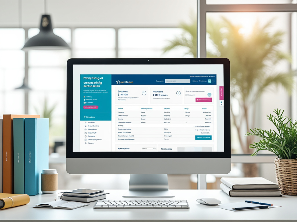 Espacio de trabajo moderno con computadora mostrando una aplicación financiera en pantalla, libros y plantas.
