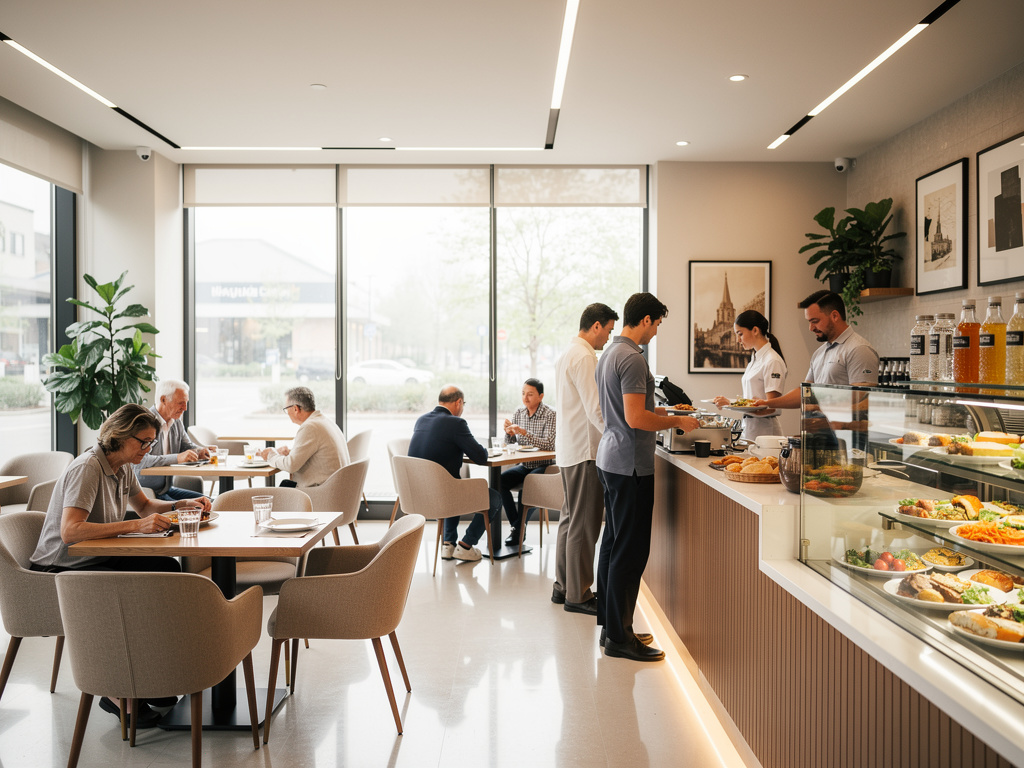 Cafetería moderna con clientes sentados, personal atendiendo y vitrina de comida fresca en un ambiente luminoso