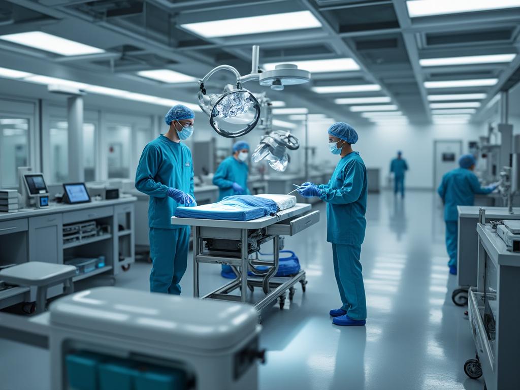 Médicos en una sala de operaciones moderna realizando una cirugía bajo luces quirúrgicas.