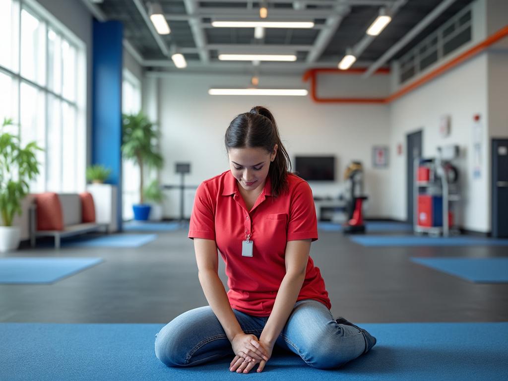 Woman in a red shirt sitting on a blue mat in a modern gym with large windows and exercise equipment in the background.