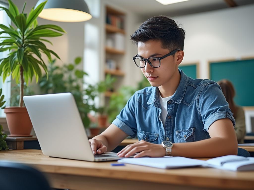Joven con gafas usando una computadora portátil en una biblioteca con plantas y cuadernos en el escritorio.