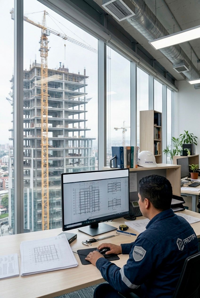 Torre de vigilancia blanca con escalera de caracol en una zona en construcción, cielo azul y nubes de fondo.