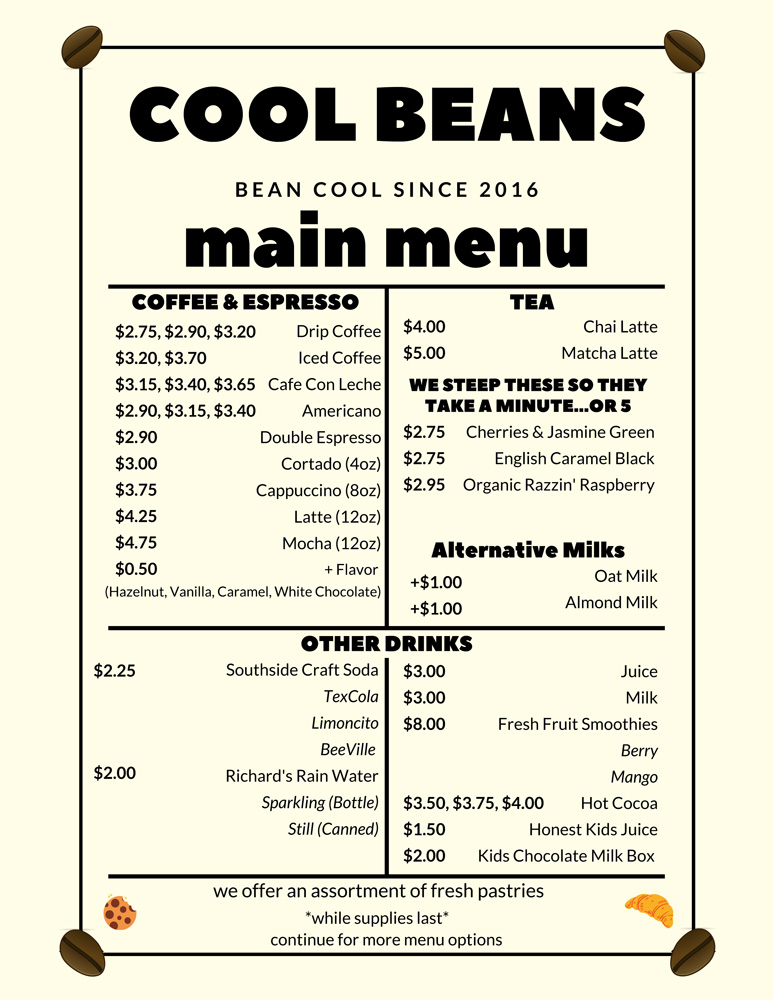 Coffee Bar Menu San Antonio Specialty Coffee Cool Beans Cafe