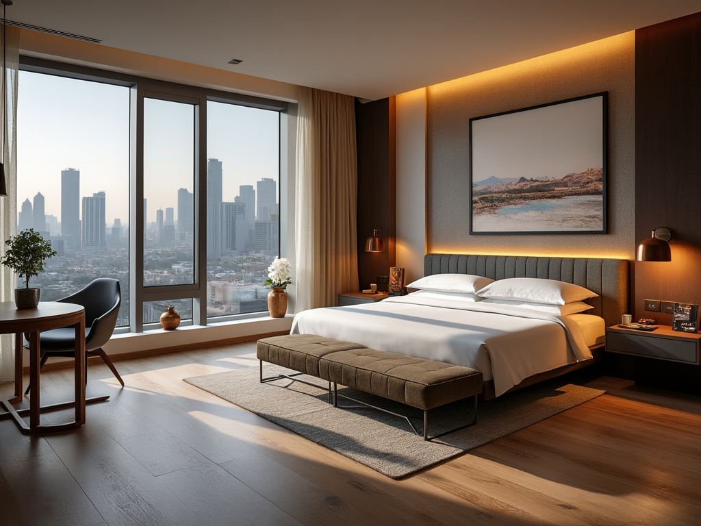 Habitación de hotel moderna con cama doble, ventana amplia con vista a la ciudad, decoración elegante y muebles contemporáneos.