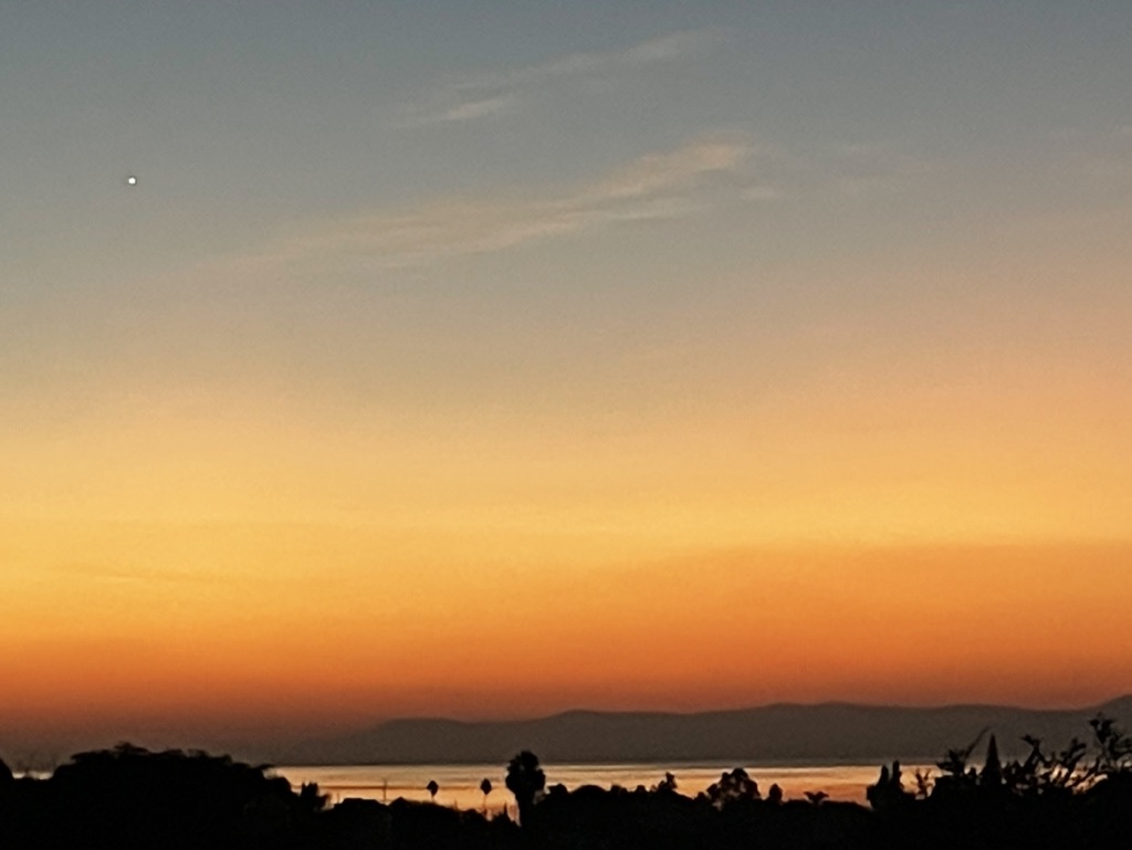 Atardecer con cielo naranja y horizonte con montañas y árboles silueteados.