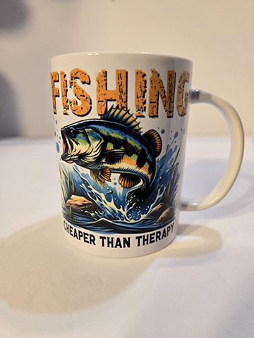 15oz ceramic mug featuring a fishing cheaper than therapy design