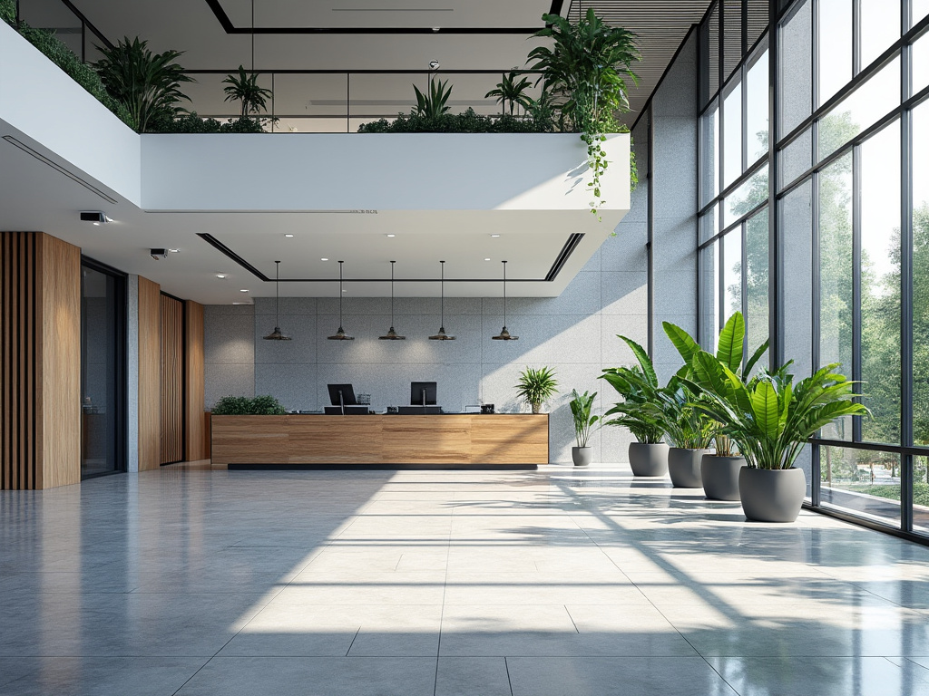Recepción moderna de oficina con plantas y ventanales grandes.