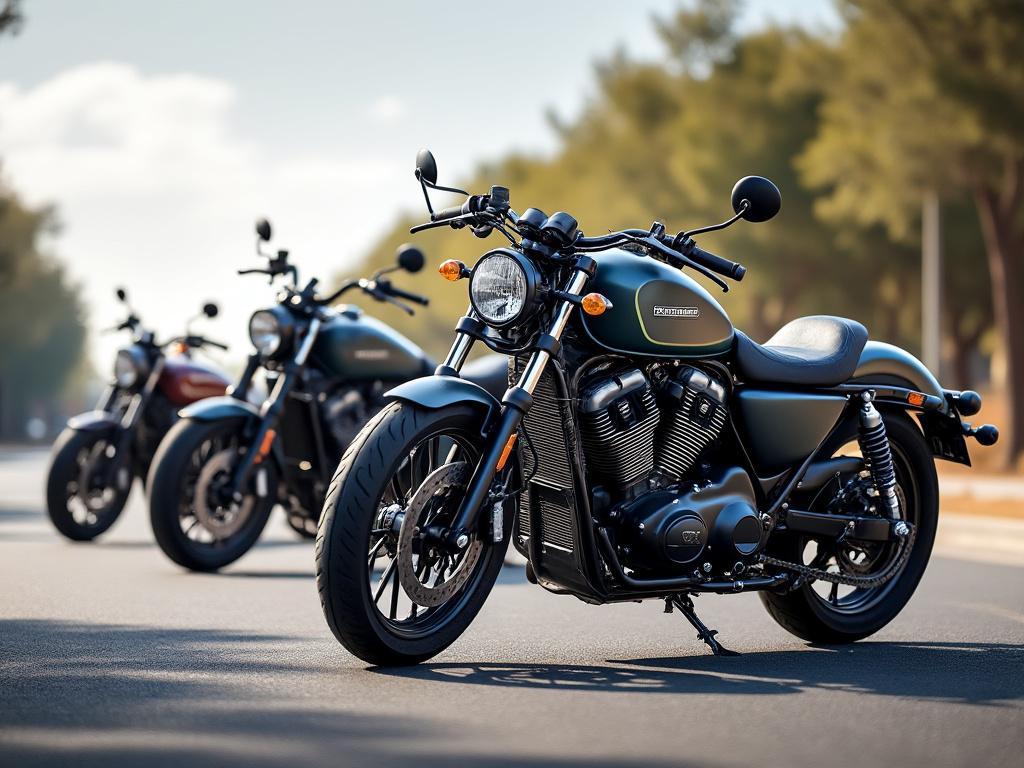 Tres motocicletas oscuras estacionadas en una carretera, con un fondo de árboles y cielo azul.