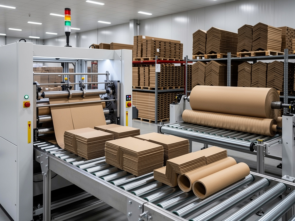 Línea de producción de cartón corrugado con maquinaria industrial, rollos de papel kraft y cajas apiladas en almacén