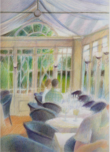 Eating Alfresco - at the Compleat Angler, Marlow (coloured pencil)