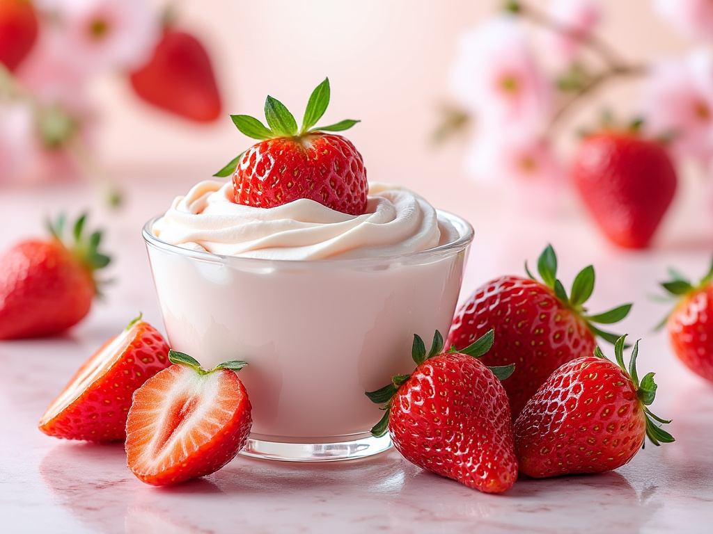 Bowl of strawberry cream with fresh strawberries around on a pink table.