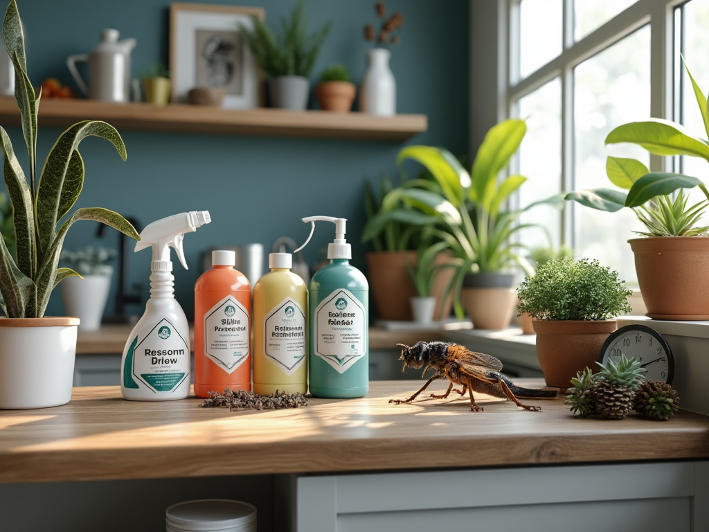 Productos de limpieza ecológicos en una cocina con plantas y luz natural.