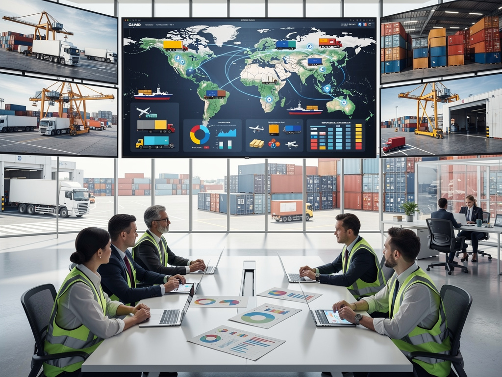 Equipo de logística analizando cadena de suministro global en centro de control con mapas, contenedores y camiones