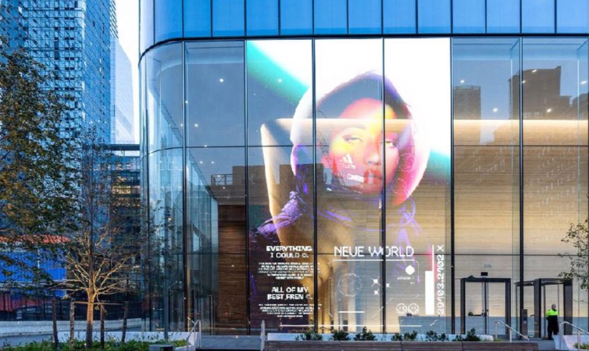 Building with an LED transparent screen