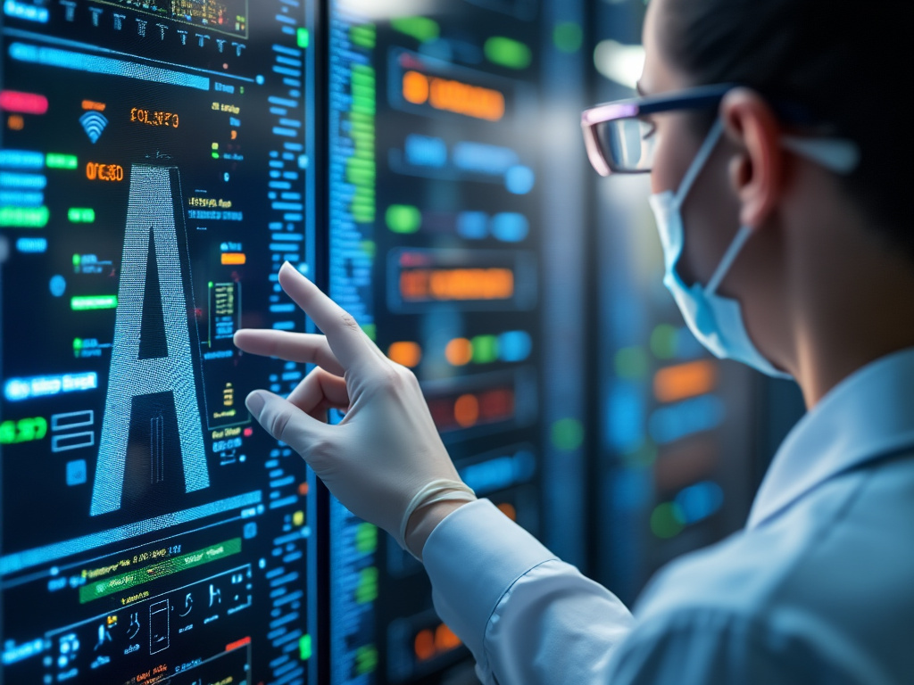Médica con mascarilla analiza datos de inteligencia artificial en pantalla digital de diagnóstico tecnológico
