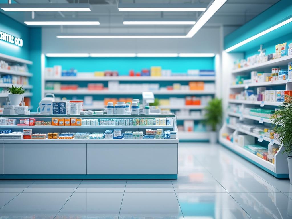 Interior de una farmacia moderna con estanterías llenas de productos farmacéuticos y iluminación brillante.