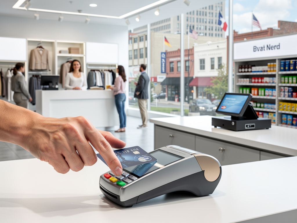 Contactless credit card payment on terminal in modern retail store with customers at checkout