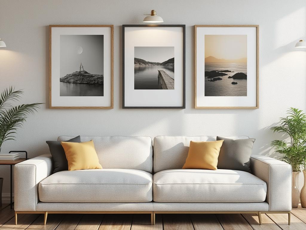 Sala de estar moderna con sofá beige, cojines amarillos y grises, y tres cuadros en la pared con paisajes.