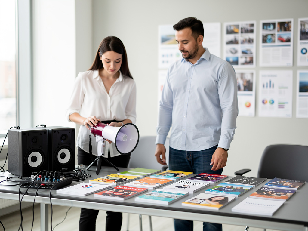 Equipo de marketing revisando materiales promocionales con megáfono, altavoces y folletos en una oficina moderna