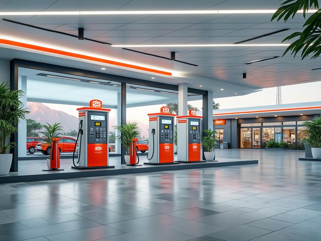 Estación de servicio moderna con dispensadores de gasolina, autos rojos y tienda de conveniencia, rodeada de montañas al atardecer.