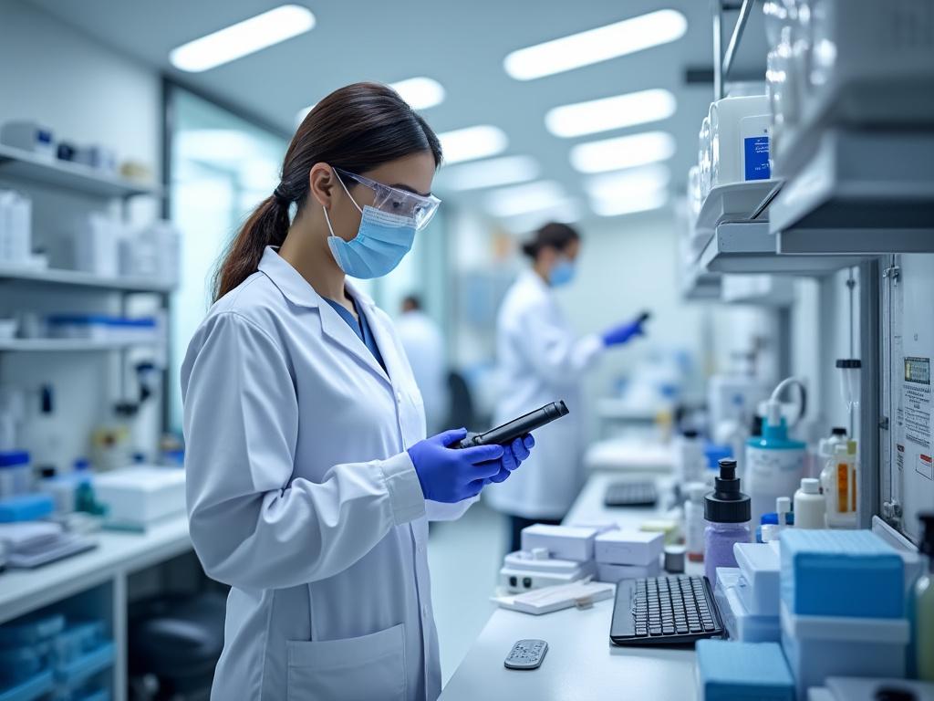 Científica con mascarilla y gafas trabaja en un laboratorio moderno, con equipos de laboratorio y materiales en el fondo.