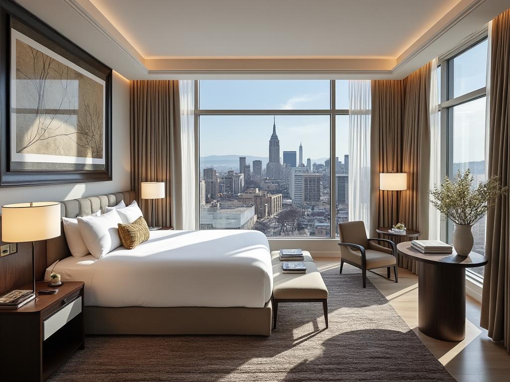 Habitación de hotel de lujo con cama doble, decoración moderna y vista panorámica a la ciudad.